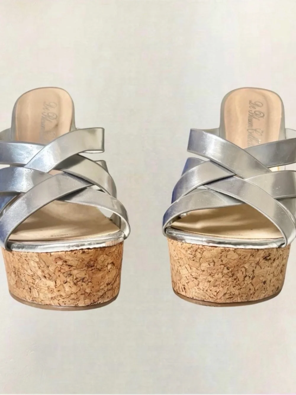 De Blossom Collection Silver Metallic Cork Wedge Sandals - used